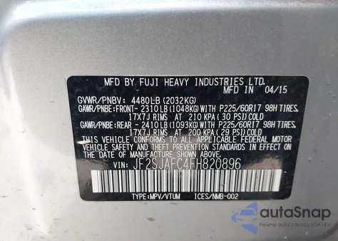 2015 Subaru Forester 2.5I Premium z USA, uszkodzony, nr VIN JF2SJAFC4FH820896